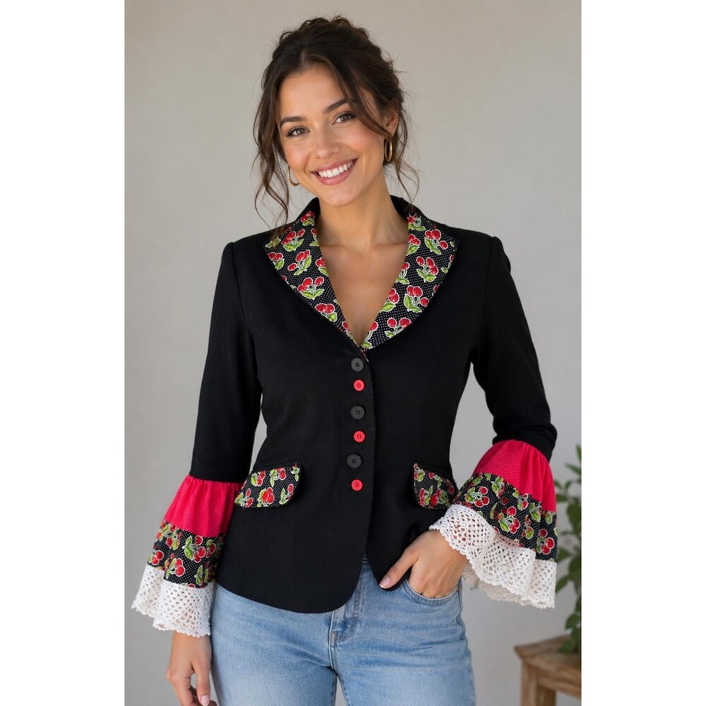 Upcycled Talbots Black Blazer | Refashioned Cherry Blossom Cottage Jacket | Boho